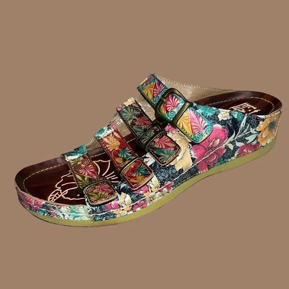 L'Artiste Spring Step Dandi Hand Painted Tooled Leather Sandals EU 36 5.5/6 - Picture 1 of 6